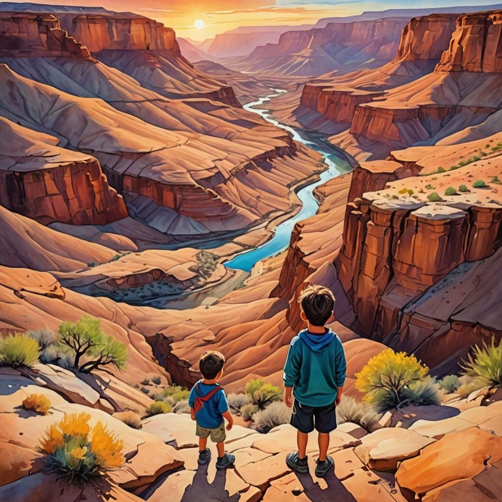 Boy and Desert Canyon in Oil and Watercolor