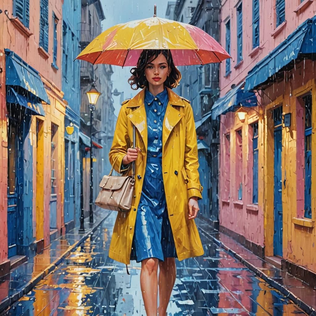 Umbrella Lady in Retro-Modern Gouache Pop Art