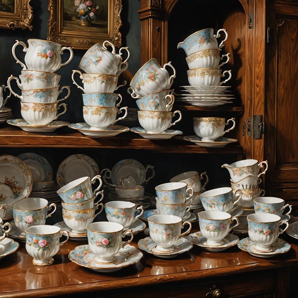 Antique Cabinet with Floating Porcelain in Victorian Style