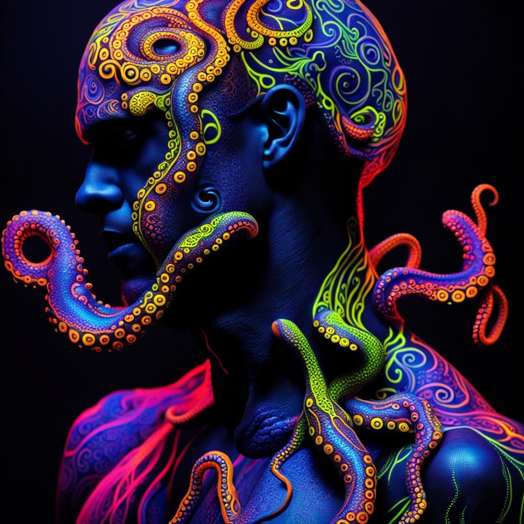 Octopus Body Art in Neon Fantasy Style
