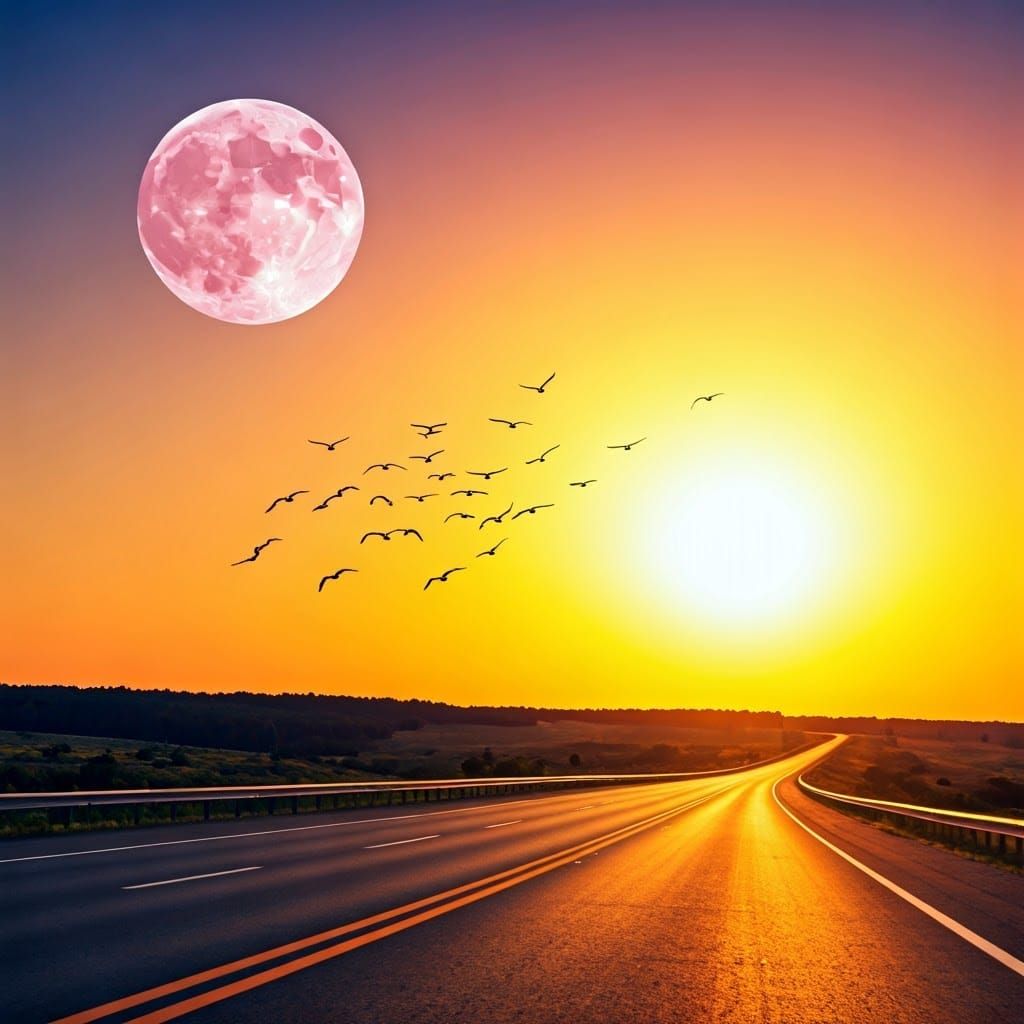 Vibrant Highway Scene with Pink Moon