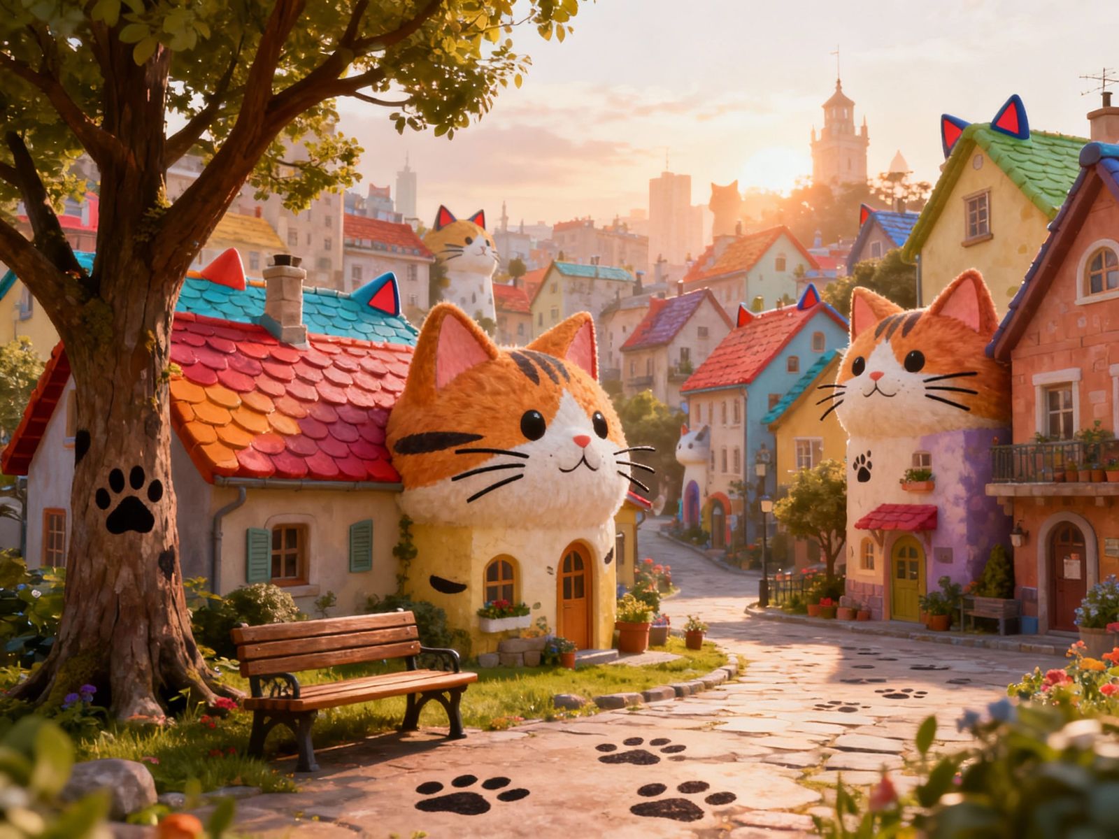 Cat-Themed Townscape Panorama with Whimsical Architecture