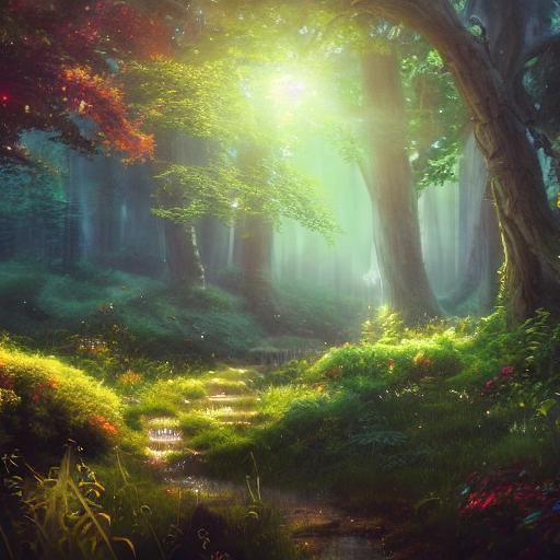 Glowing Mushrooms in Sunlit Fantasy Forest