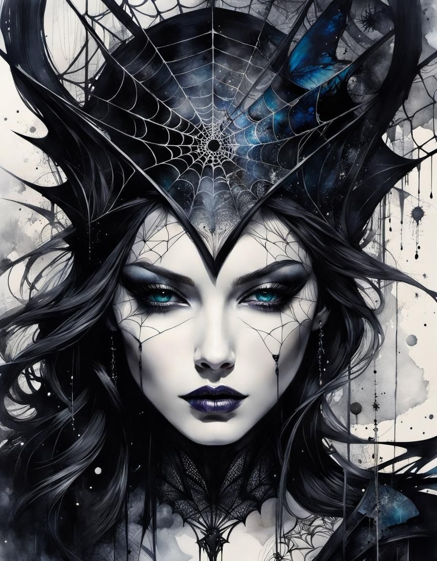 Dark Witch Portrait in Detailed Ink Art Style