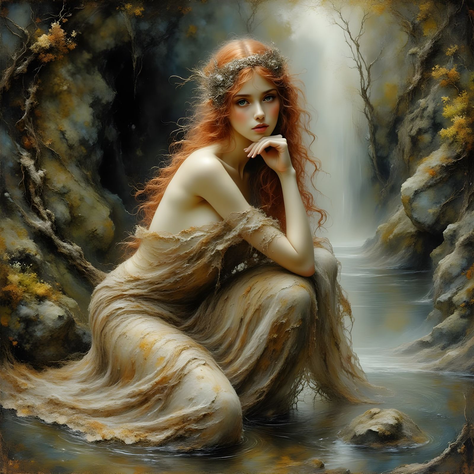 Pre-Raphaelite Water Nymph in Grotto