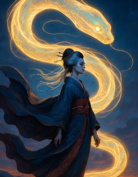 Geisha and Luminous Snake in Dreamlike Oil Painting