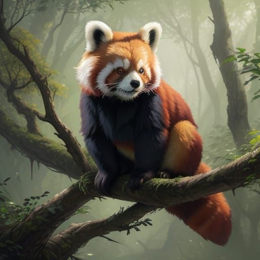 Red Panda on Branch in Golden Hour Lighting