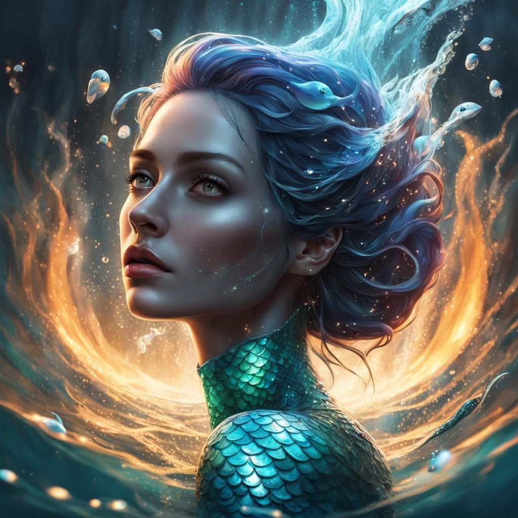 Glowing Mermaid Portrait in Triadic Colors