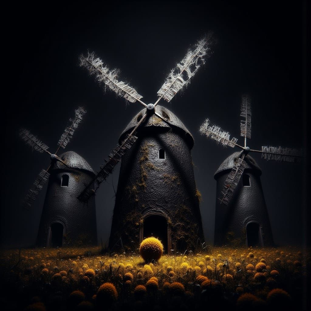 Surreal Windmills in Black and White with Yellow Flower