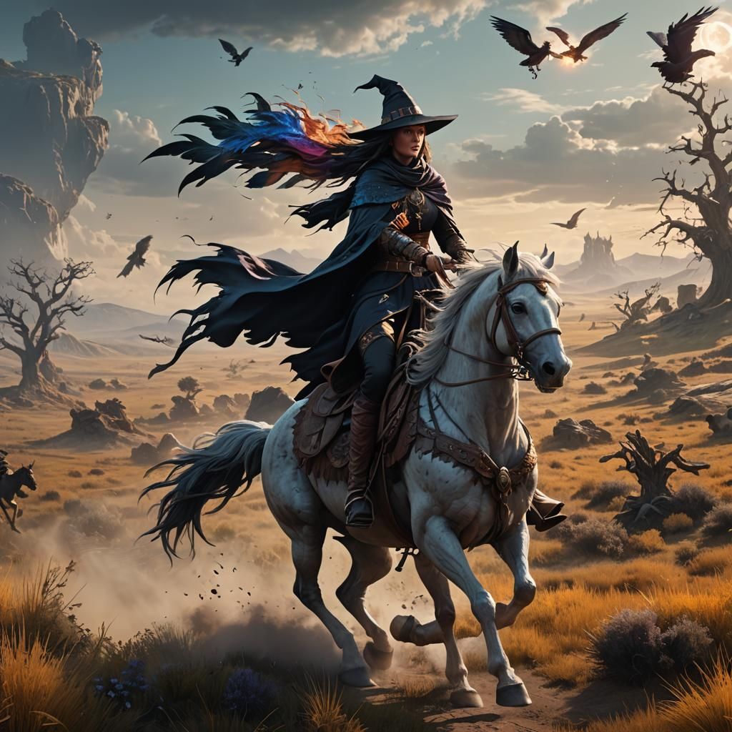 A Witch Rides Feathered Horse Across Plains