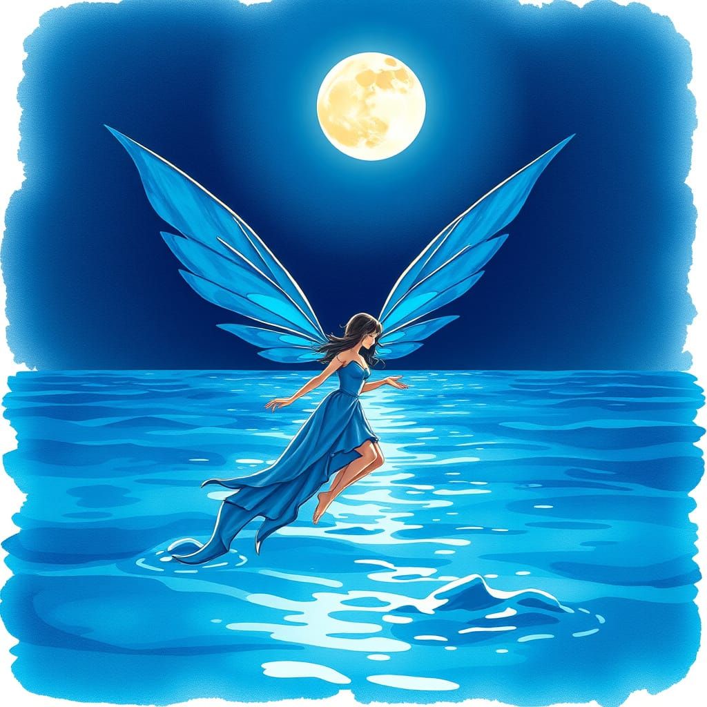 Moonlit Ocean Goddess in Watercolor Anime Style