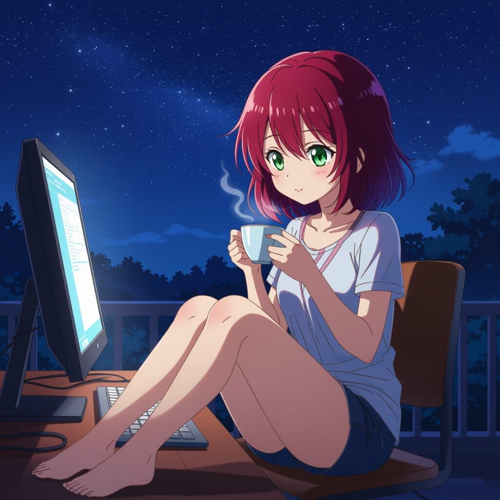 Anime Woman Working at Night in Manga Style