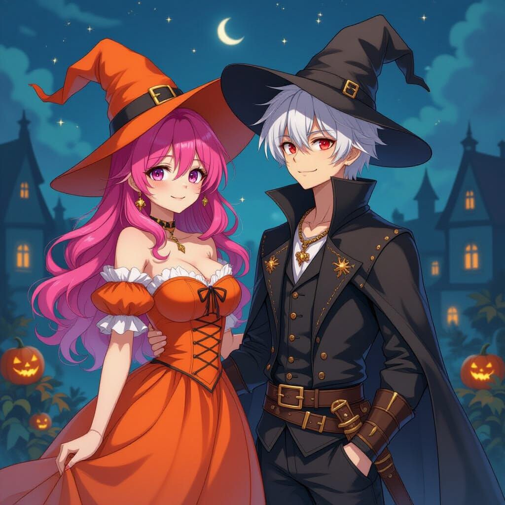 Witch and Wizard at Harvest Festival in Alcohol Ink Style