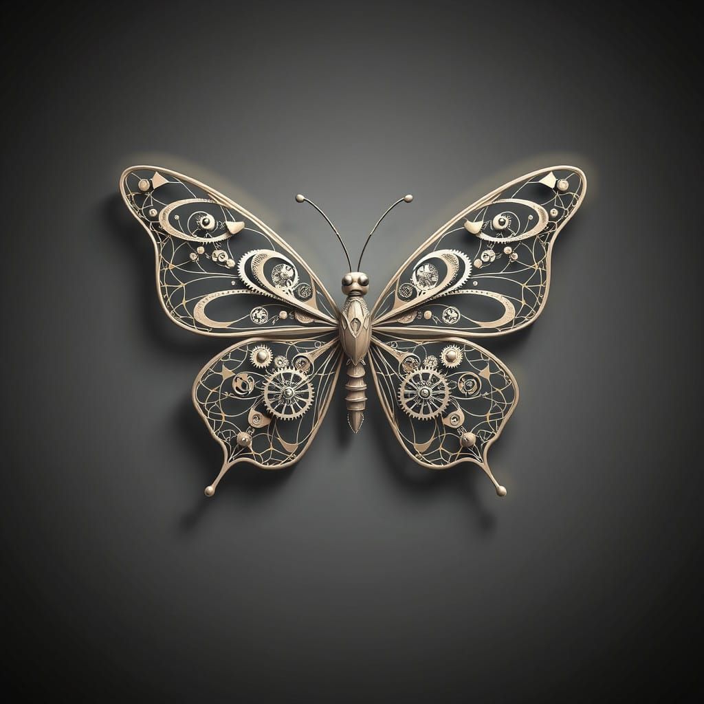 Intricate Gearwork Butterfly in Escher-Inspired Line Art