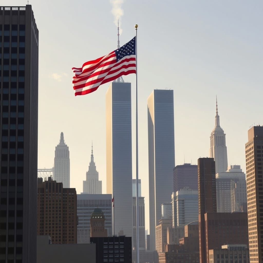 Twin Towers on September Morning with American Flag