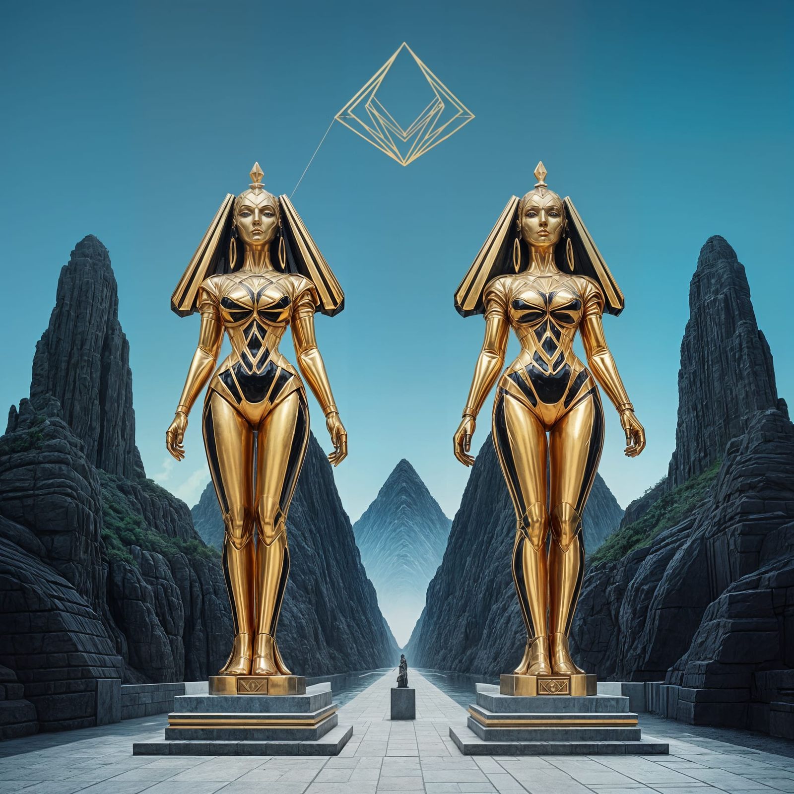Ominous Sphinxes Guarding Valley Pathway: Pop Art Style
