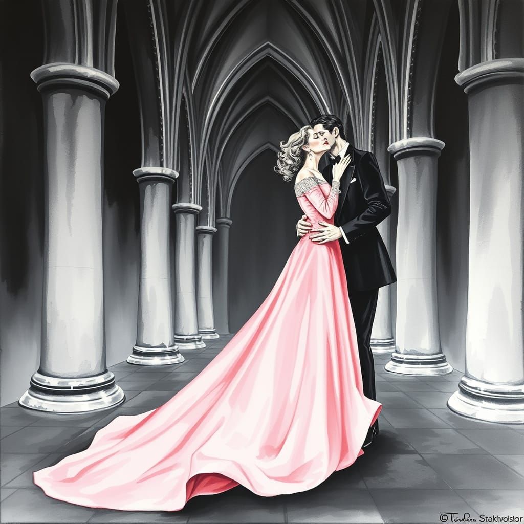 Gothic Cathedral Kiss: A Surreal Watercolor Painting