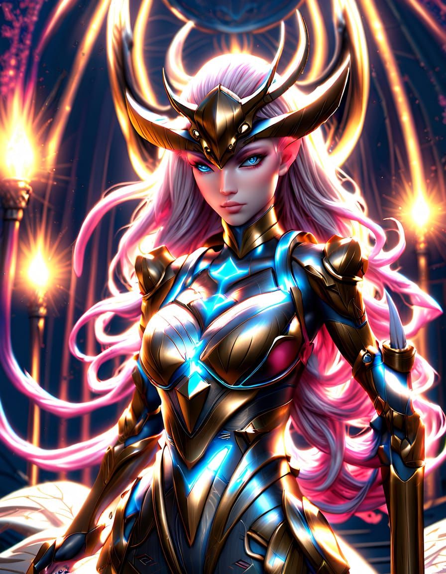 Glowing Alien Warrior with Pink Striped Skin and Golden Armo...