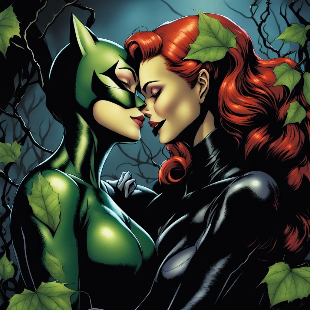 Poison Ivy and Catwoman  kiss and caress each other, affectionately, loving embrace, clinging,