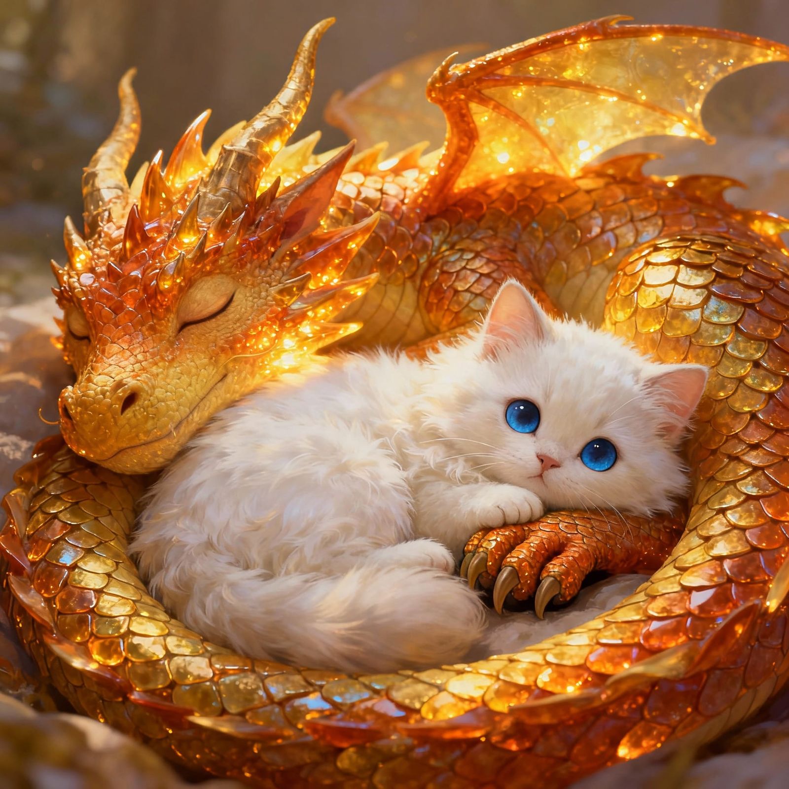 Dragon With Glowing Scales Sleeps Beside Cute Cat