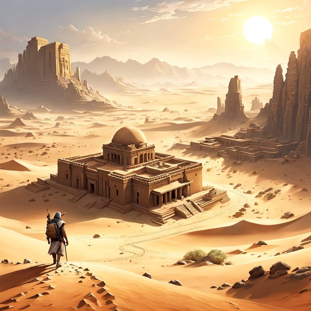 Explorer in Ancient Desert Ruins at Golden Hour