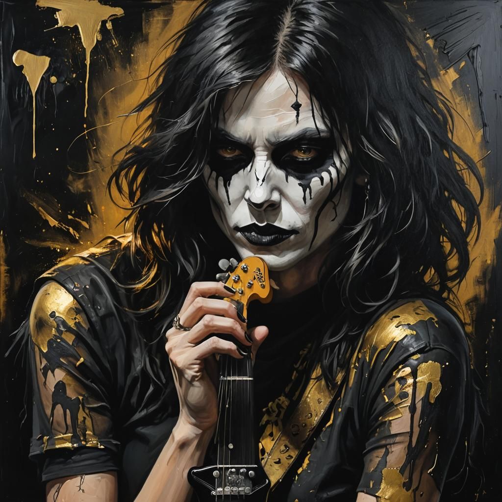 Goth Woman Guitarist: Matte Black Grunge Painting