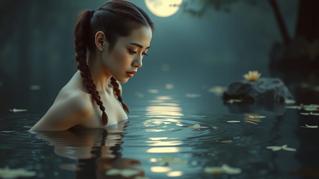 Moonlit Pond Reflection: Dreamy Ethereal Portrait