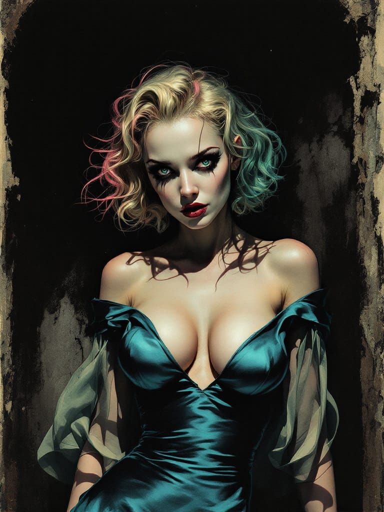 Gothic Pin-Up Woman with Pink-Tipped Hair in Metallic Dress