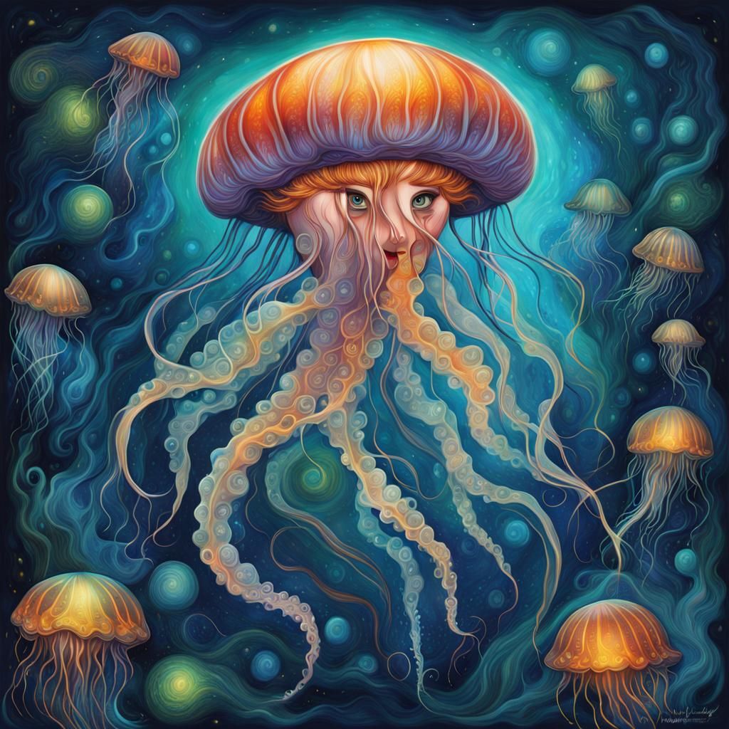 Bioluminescent Biopunk Jellyfish Woman in Fantasy Lab