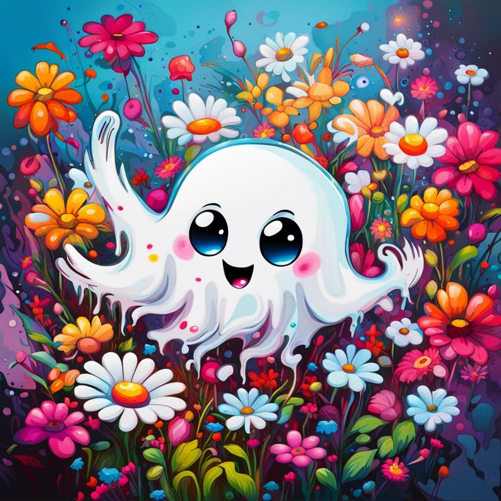 Cute Ghost Floating Over Flower Garden in Graffiti Art