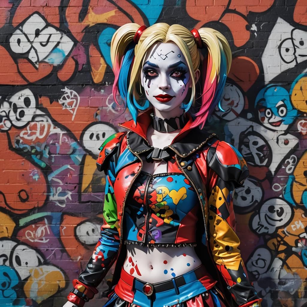 Harley Quinn in Anime Style Leaning on Graffiti Wall