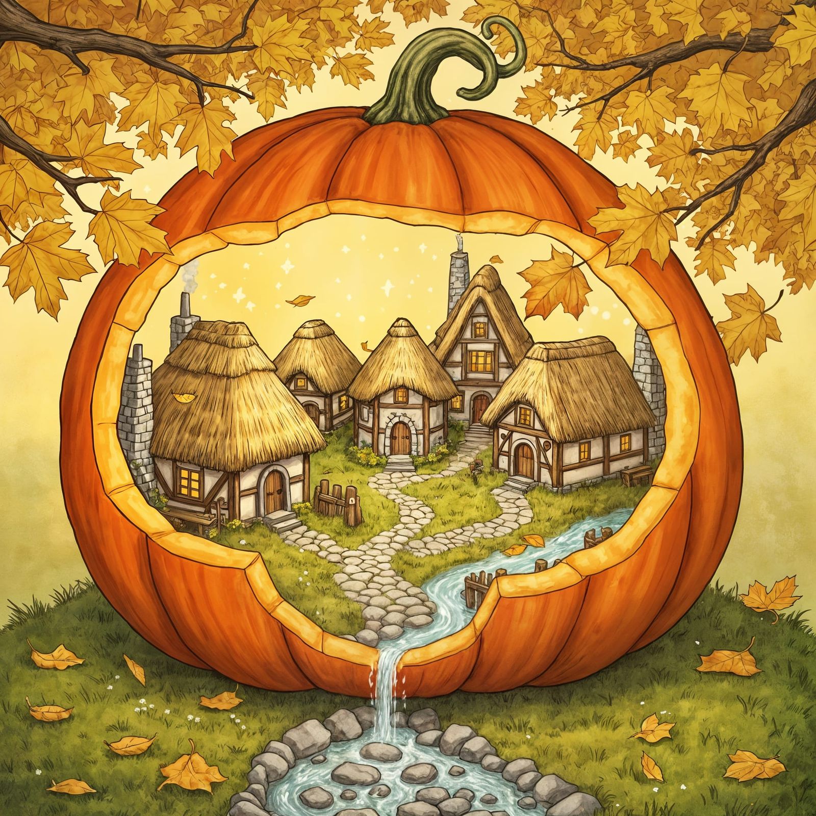 Whimsical Pumpkin Village in Autumn Storybook Style