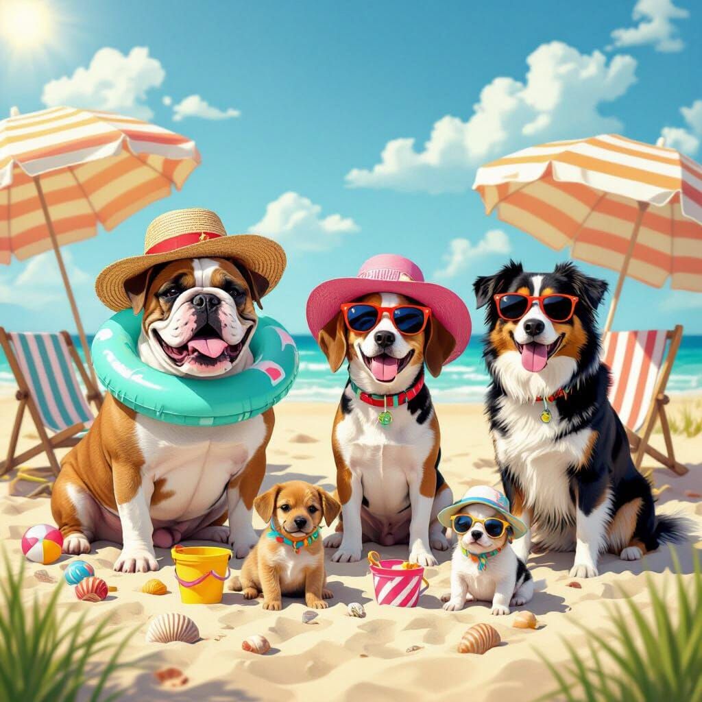 Happy Beach Dogs Pose for Photo on Sunny Summer Day