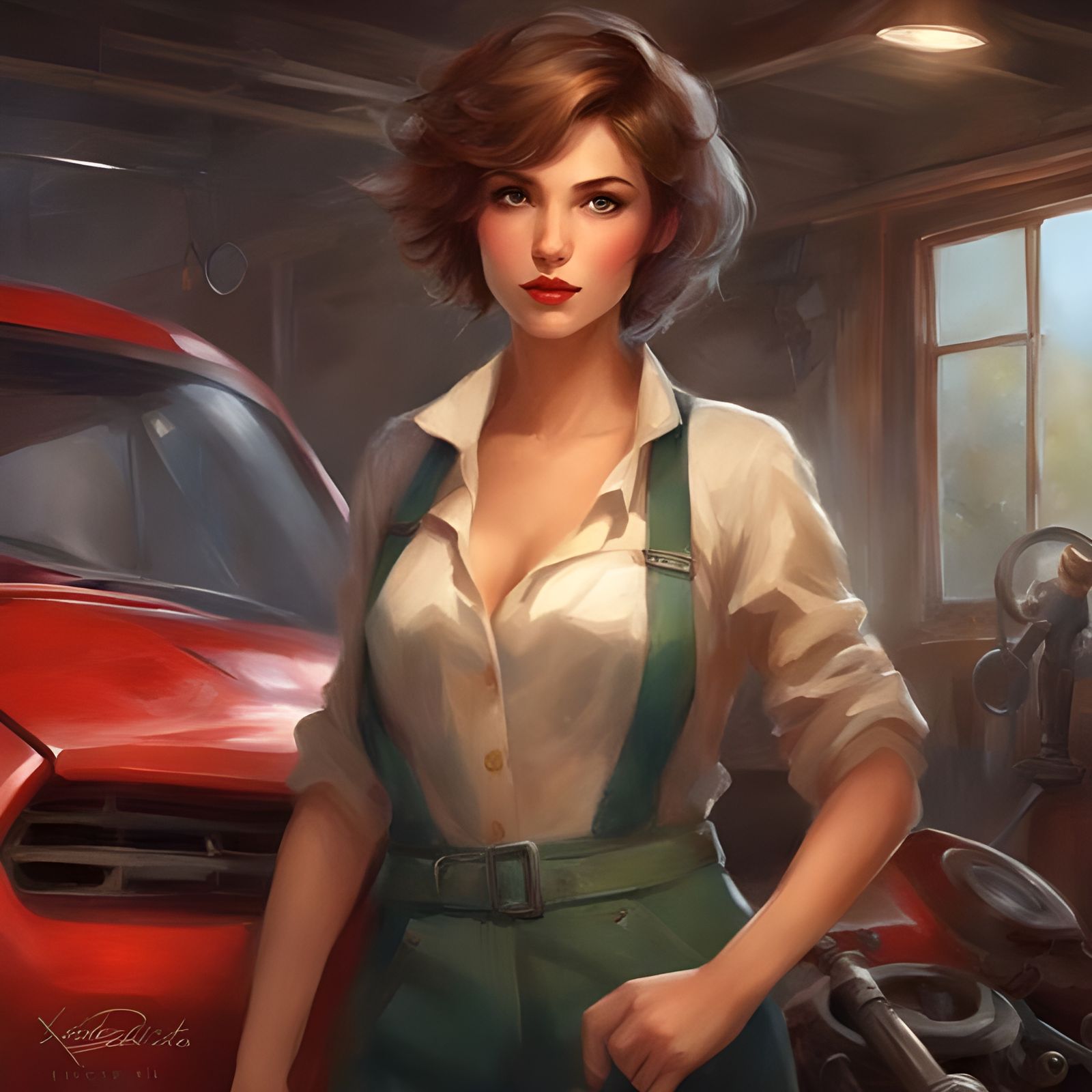 French Mechanic Girl in Garage, Royo Style