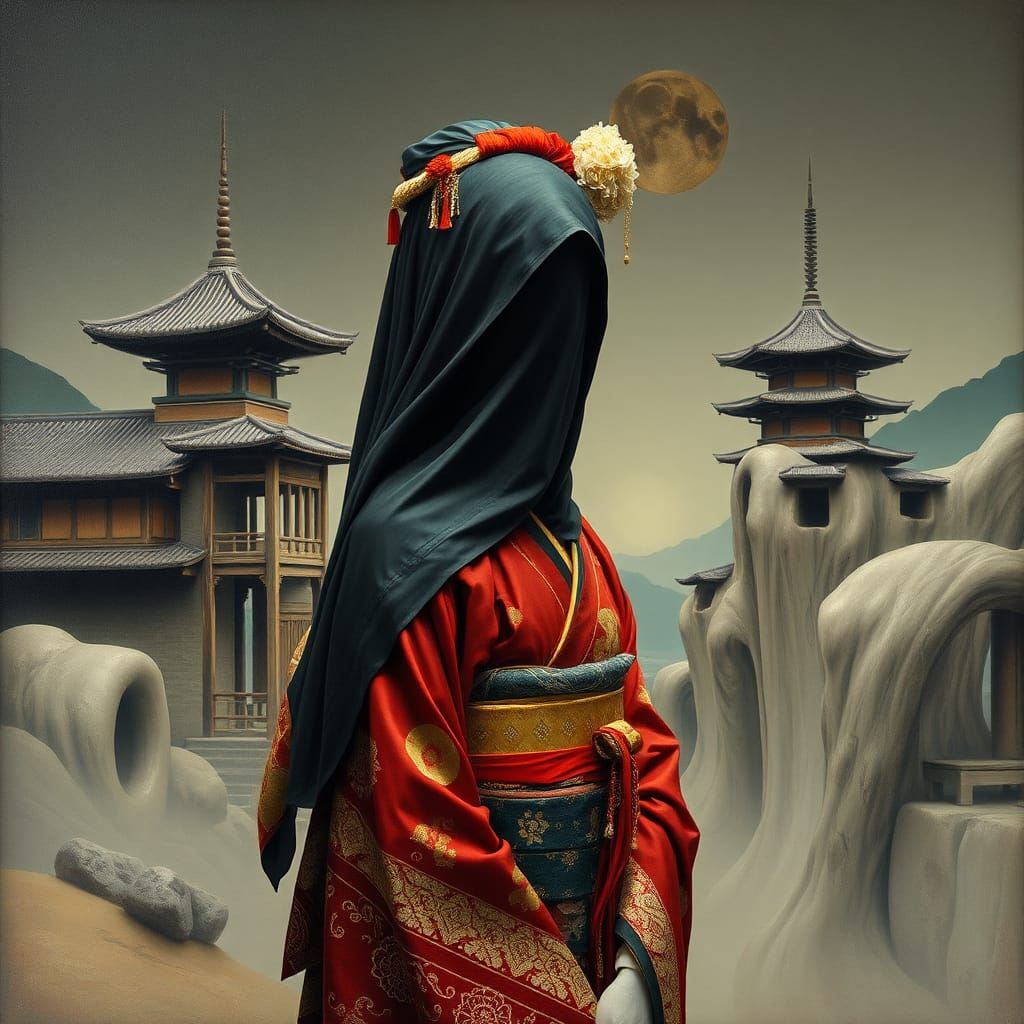 Surreal Geisha in Dreamlike Japanese Landscape