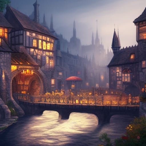 Medieval Bridge with Shops: Fantasy Concept Art