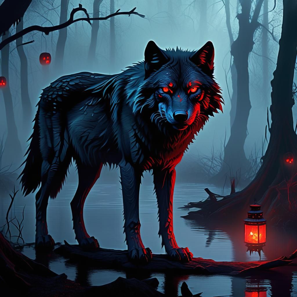 Lone Wolf in Misty Swamp: Dark Fantasy Matte Painting