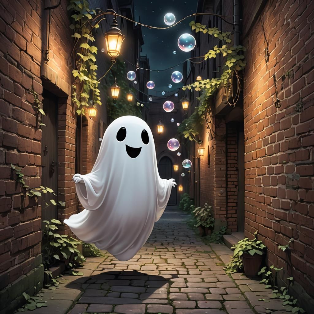 Friendly Ghost Blowing Bubbles in Dimly Lit Alley