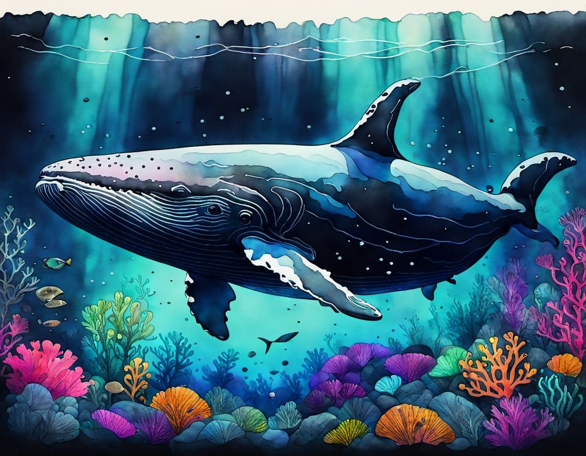 Glowing Neon Whale in Deep-Sea Watercolor