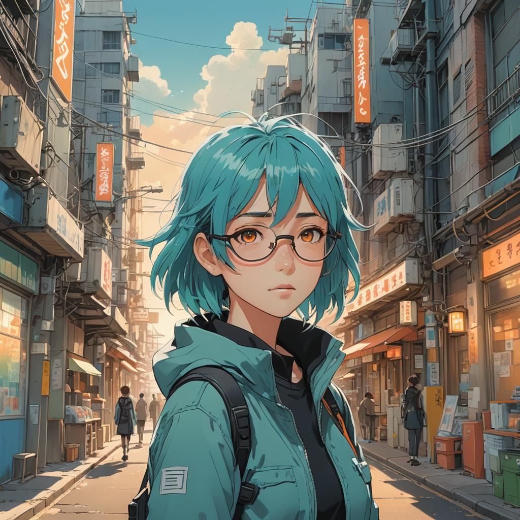 Aqua-Haired Girl in Ghibli Anime Style