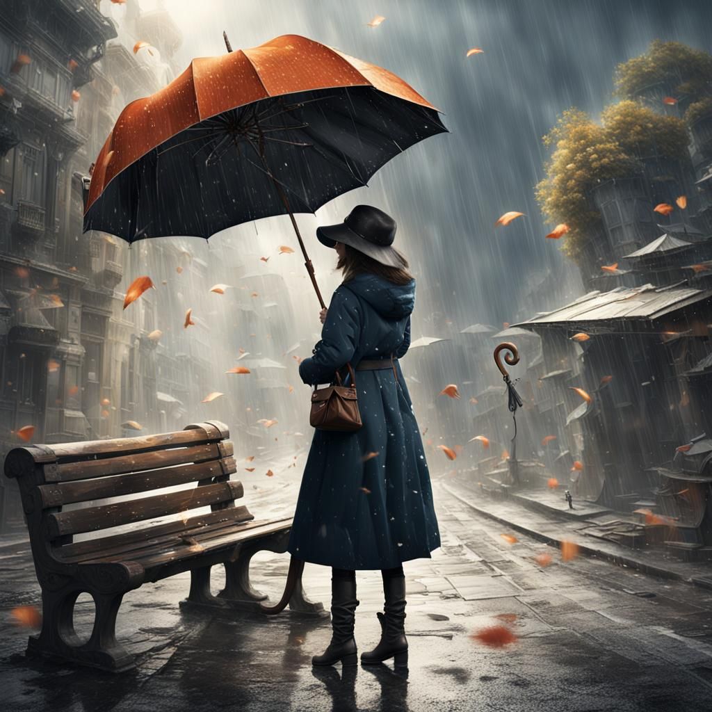 Girl with Chick on Bench in Detailed Matte Painting