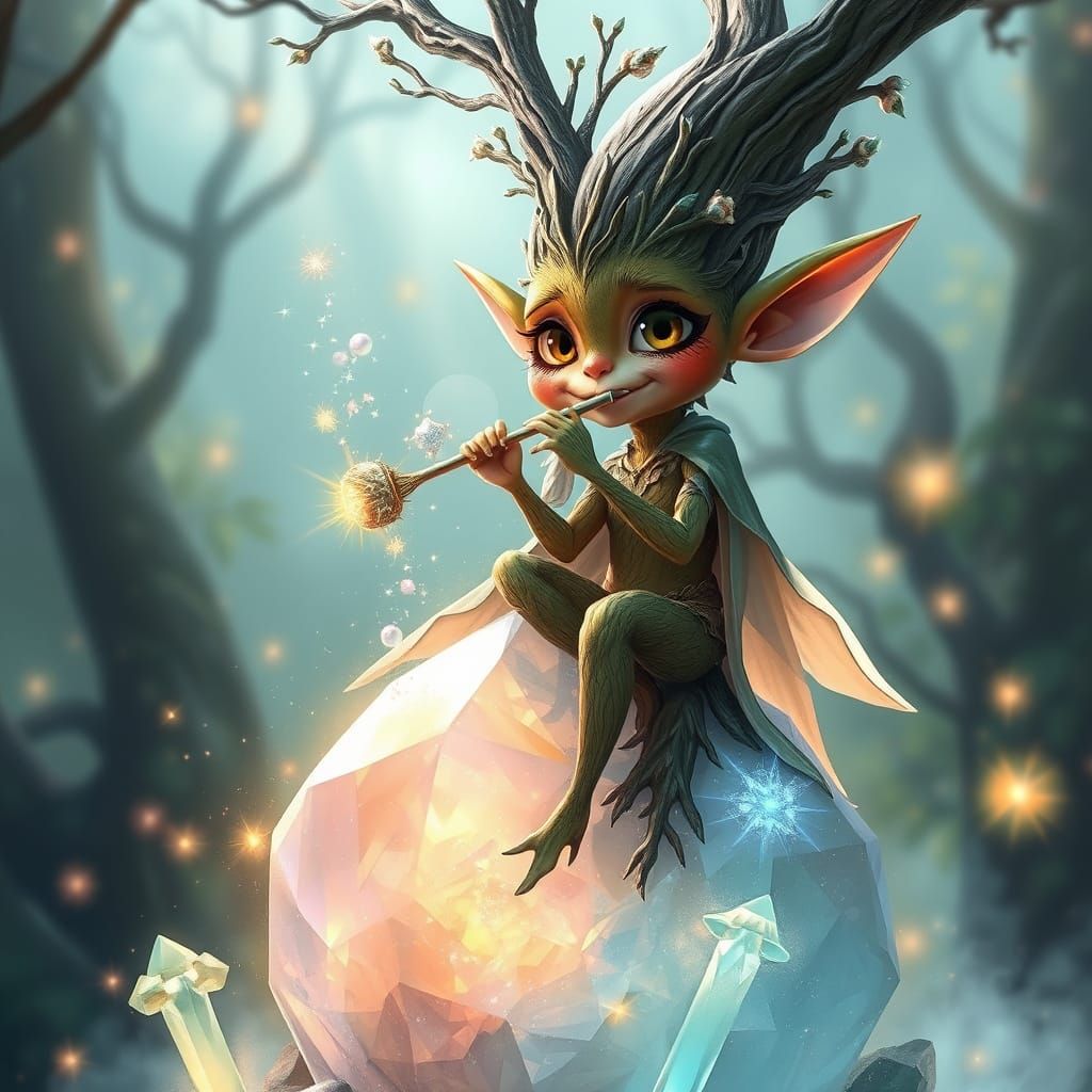 Whimsical Tree Elf Plays Starlight Flute