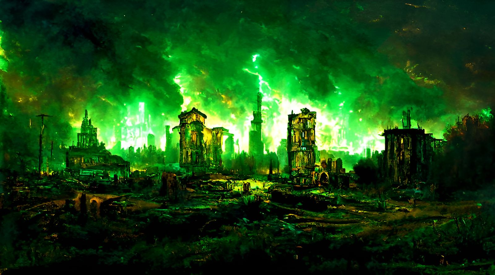 Apocalyptic Ruin Cityscape Ablaze with Green Fire