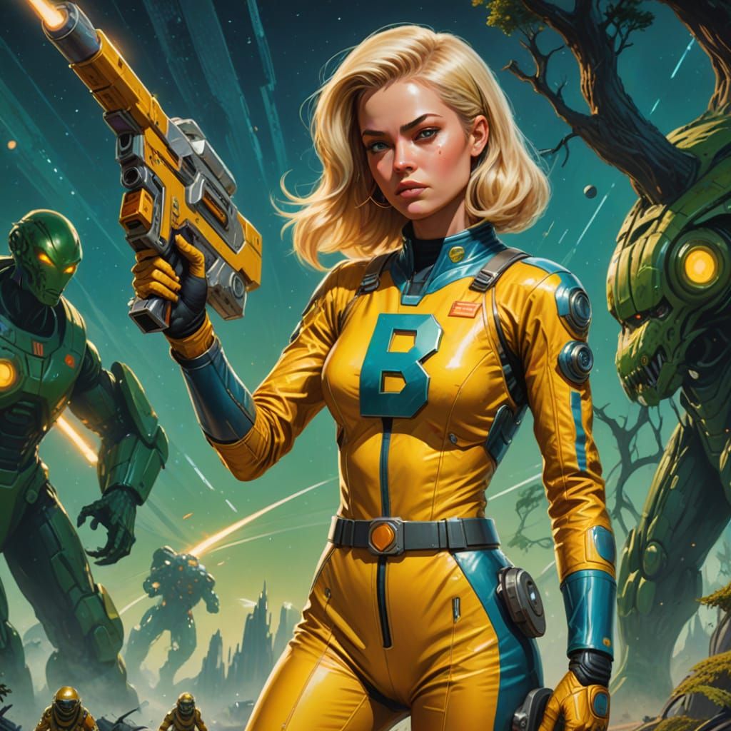 Blonde Space Warrior Battles Alien Tree Monsters in Retro-Fu...