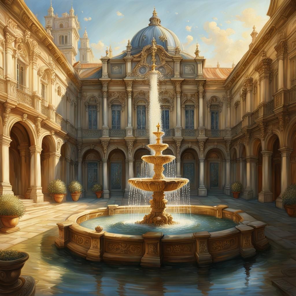 Baroque Fountain in Sunlit Courtyard
