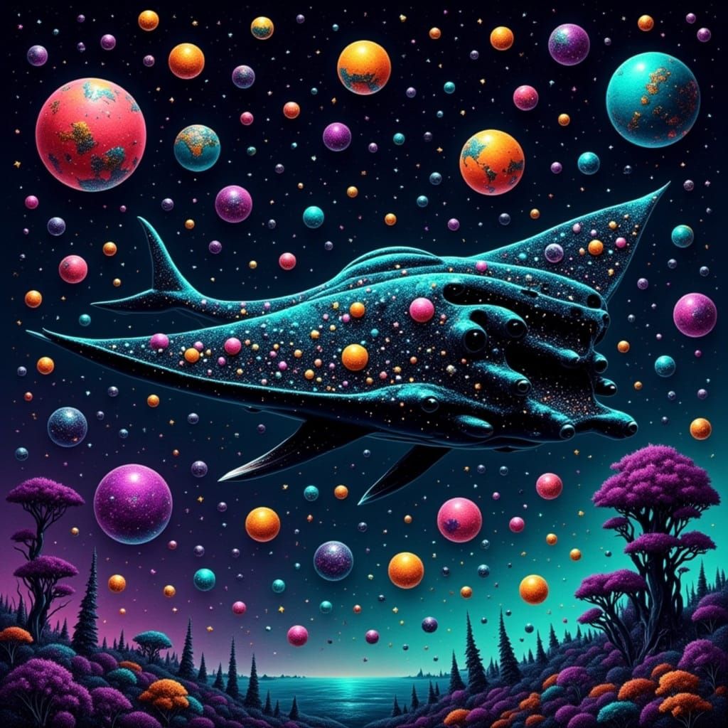 Manta Ray Spaceship in a Glittering Cosmos