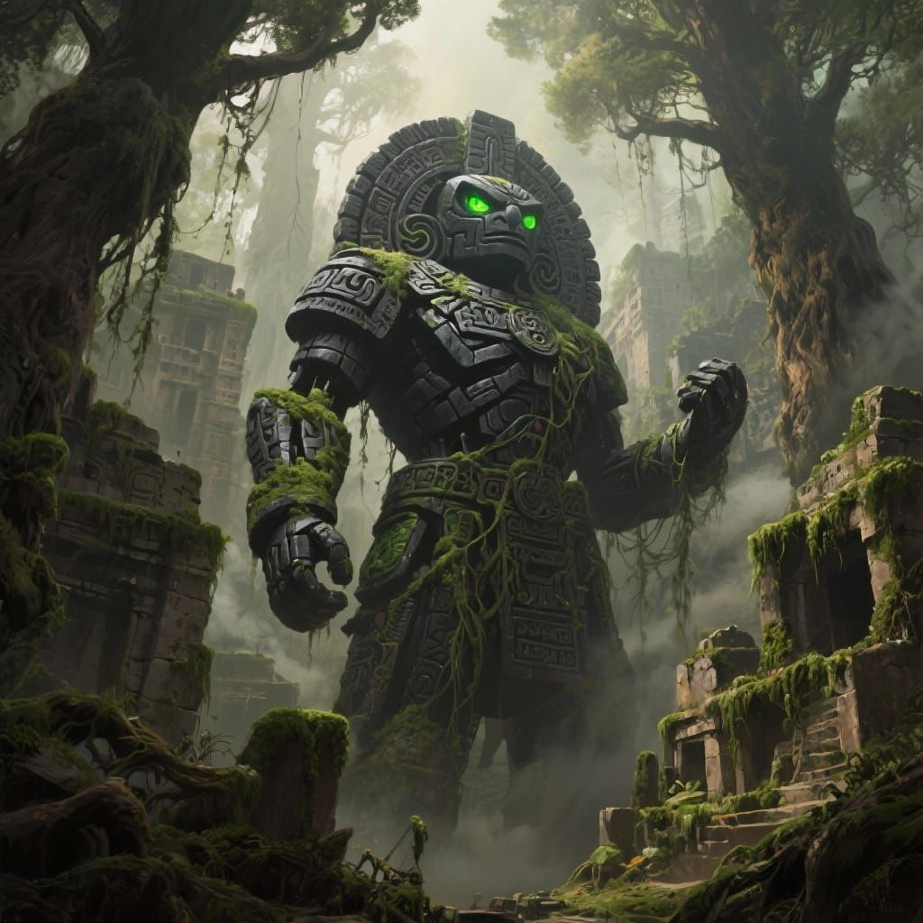 Colossal Aztec Golem Guards Mossy Ancient City