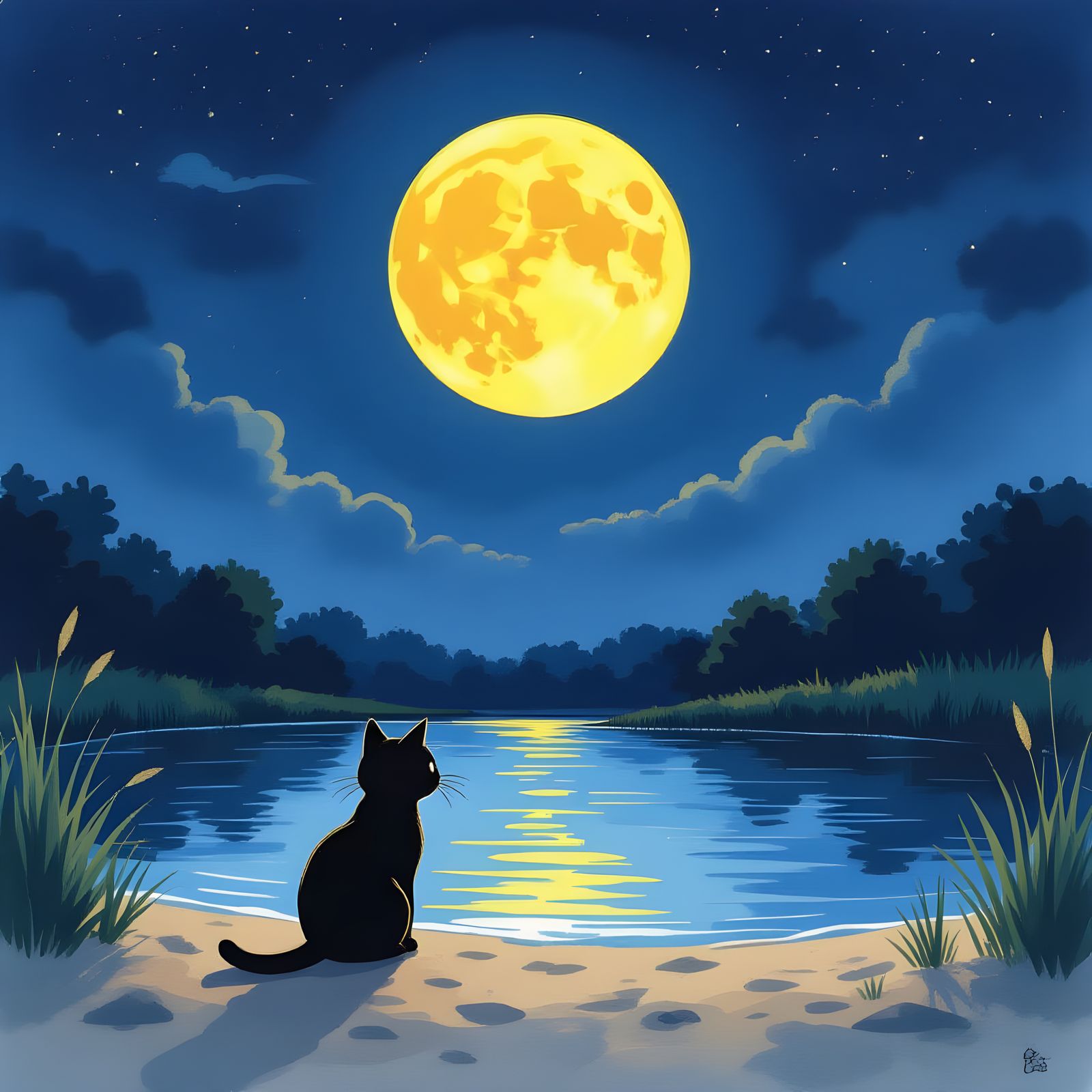 Black Cat on Moonlit Pond Shore in Watercolor Animation Styl...