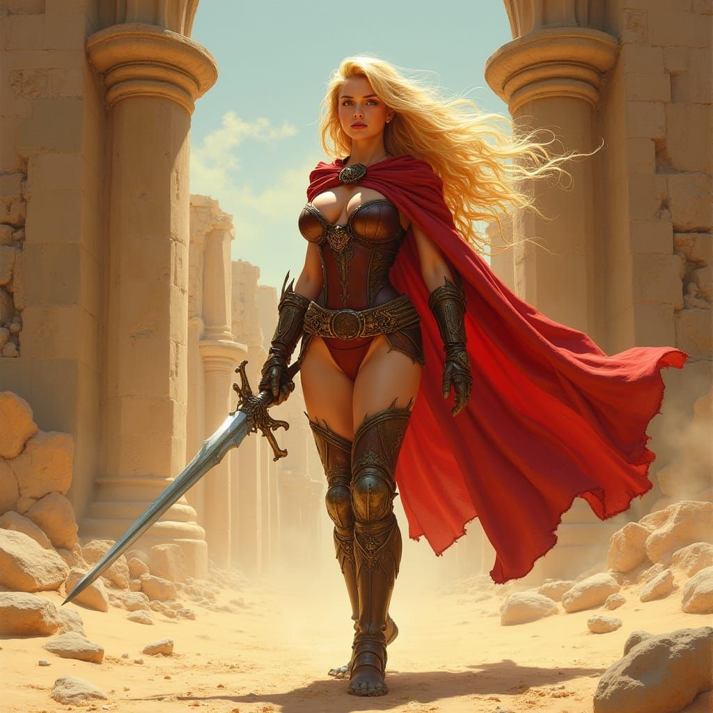 Blonde Warrior in Crimson, Desert Battle Scene