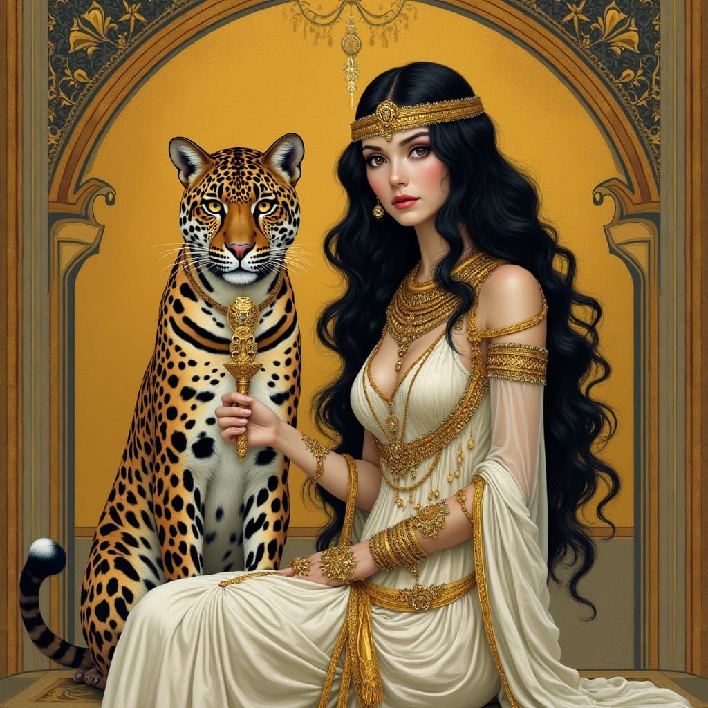 Egyptian Goddess Isidora with Leopard, Art Nouveau Style